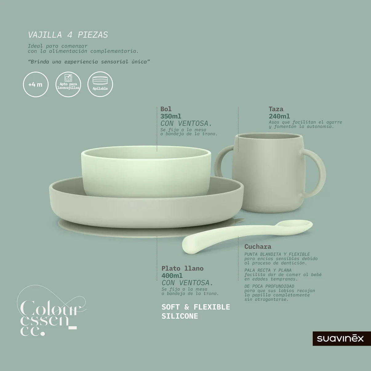 Set de platos de silicona con ventosas Suavinex verde