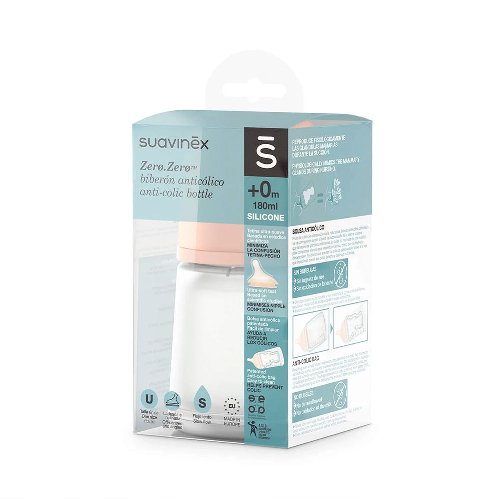 Mamadera Zero.Zero de 180ml con Tetina Fisiológica Flujo Lento +0 meses
